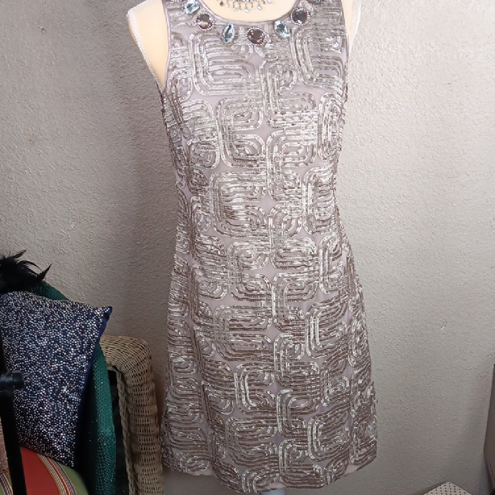 Jessica Howard Taupe Geometric Midi Size 8 Dress Matrix Mesh Jeweled Silhouette
